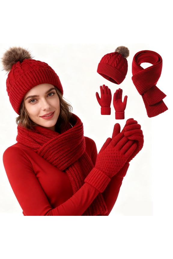 3 Pieces Winter Warm Accessory Set, Thickened Cold Proof Knitted Outfit, Soft Insulated Hat Scarf Gloves Combo for Outdoor Skiing Hiking Daily Casual Cold Season Matching Wear