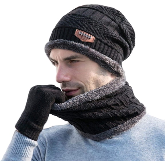 3 Pieces Winter Warm Hat Scarf Glove Set Knit Thick Beanie Scarves Cap for Men