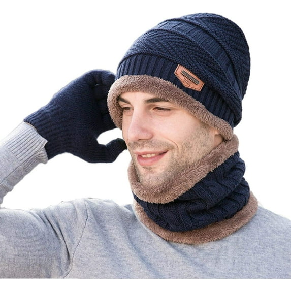 3 Pieces Winter Warm Hat Scarf Glove Set Knit Thick Beanie Scarves Cap for Men