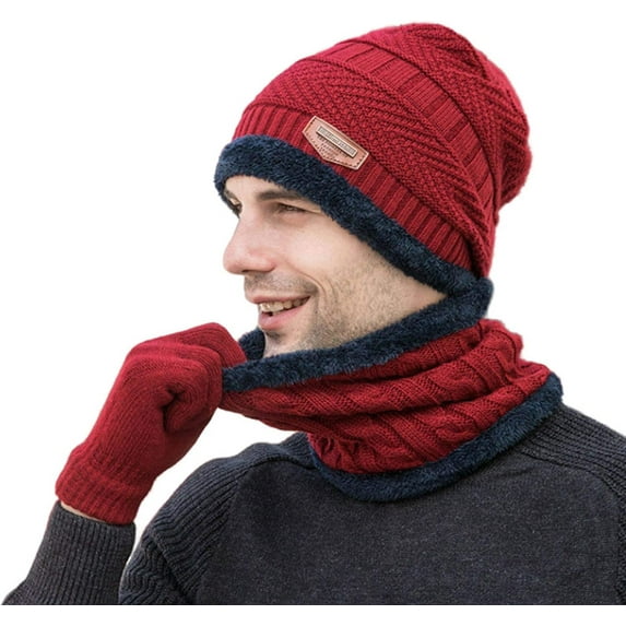 3 Pieces Winter Warm Hat Scarf Glove Set Knit Thick Beanie Scarves Cap for Men