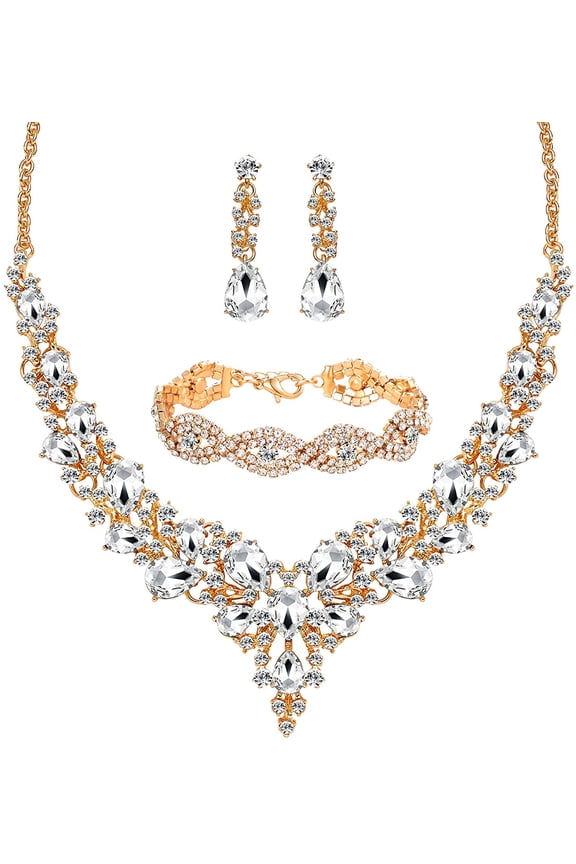 3 Pieces Women Jewelry Set Rhinestone Crystal Bride Statement Necklace Link Bangle Bracelet Teardrop Dangle Earrings Set fit With Bridesmaid Wedding Party Prom