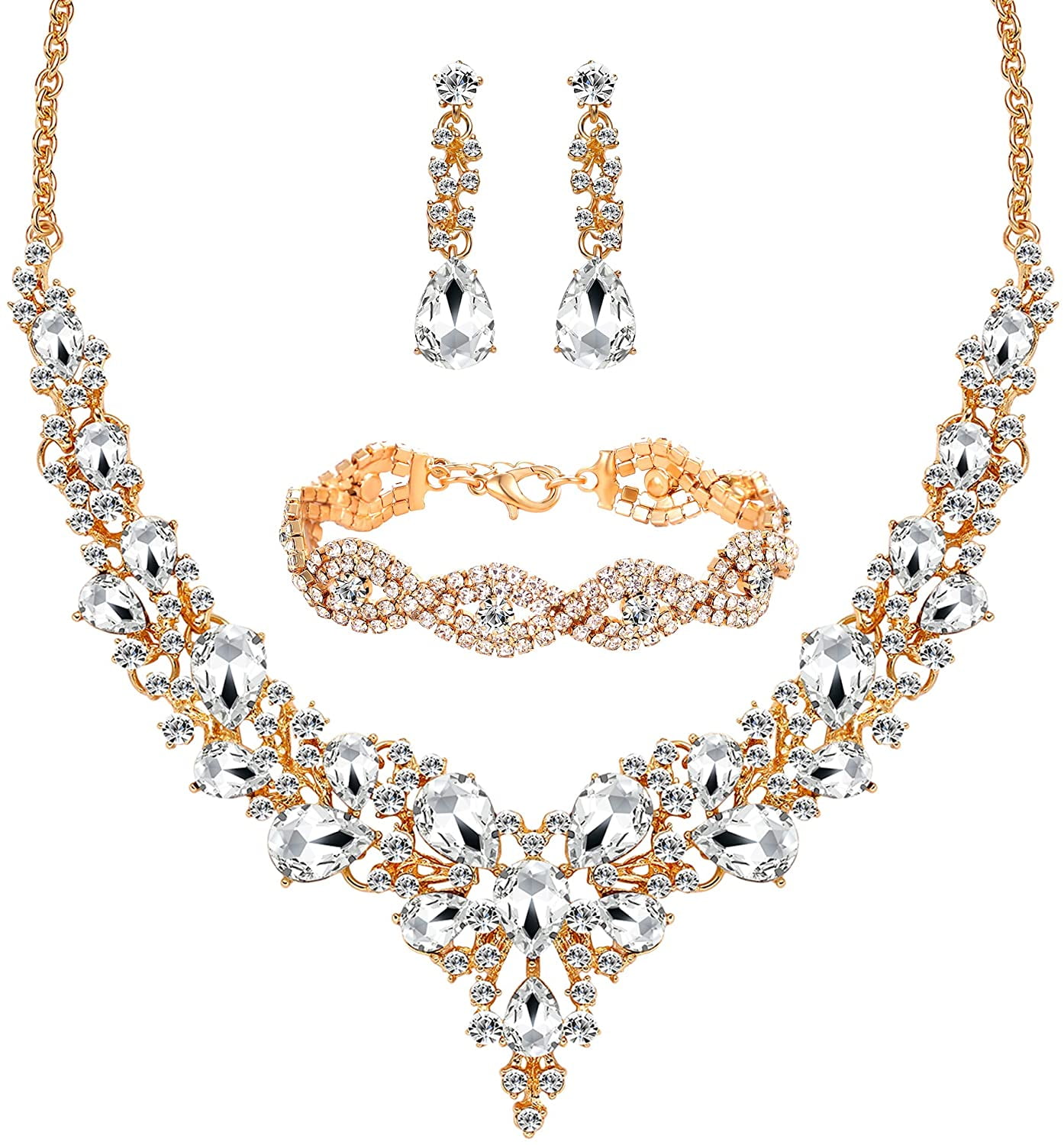  3 Pack Rhinestone Crystal Choker Necklace Link Bracelet  Teardrop Dangle Earrings Jewelry Sets for Women Girls Wedding Party:  Clothing, Shoes & Jewelry