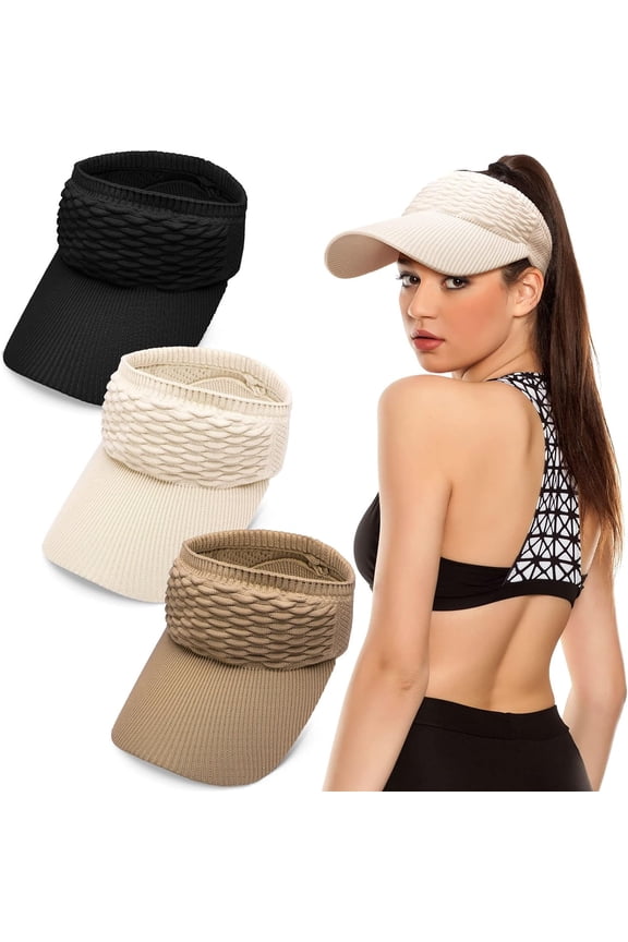 3 Pieces Women Sun Visor Hat for Women Knitted Hats Elastic Sports Hat Empty Top Quick Drying Wide Brim Golf