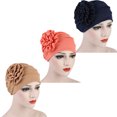 thumbnail image 1 of 3 Pieces Women Turban Church Hats Side Flower Turban Caps Elastic Beanie Hat Headscarf Vintage Headwrap Hats for Woman, Random Colors, 1 of 8