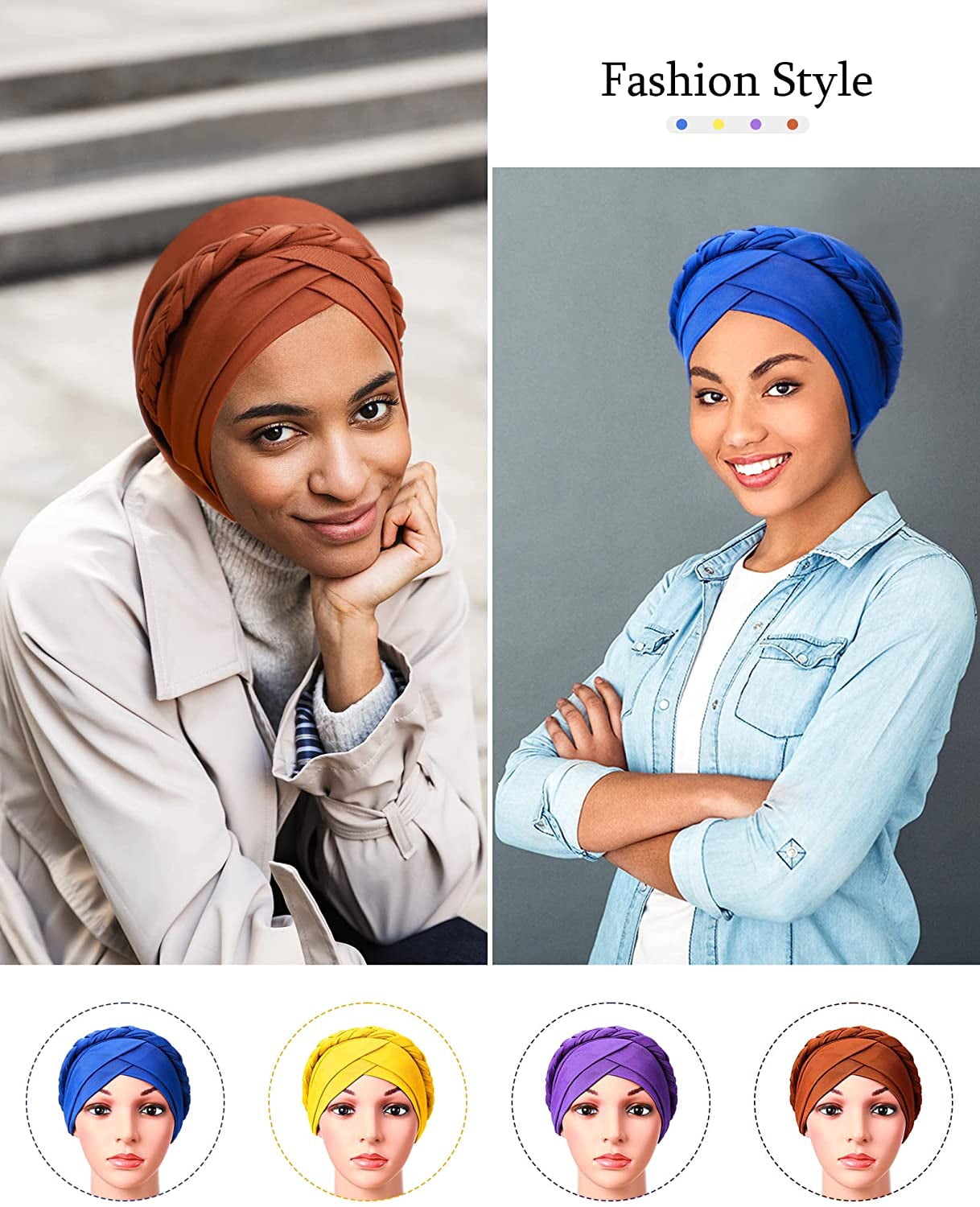 3 Pieces Women Turban Pre-Tied Bonnet Braid Soft Turban Muslim Hijab African Head Wrap Headwear for Woman, One Size