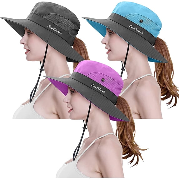 3 Pieces Womens Ponytail Wide Brim Sun Hat Packable UV Protection Beach Cap for Fishing & Hiking