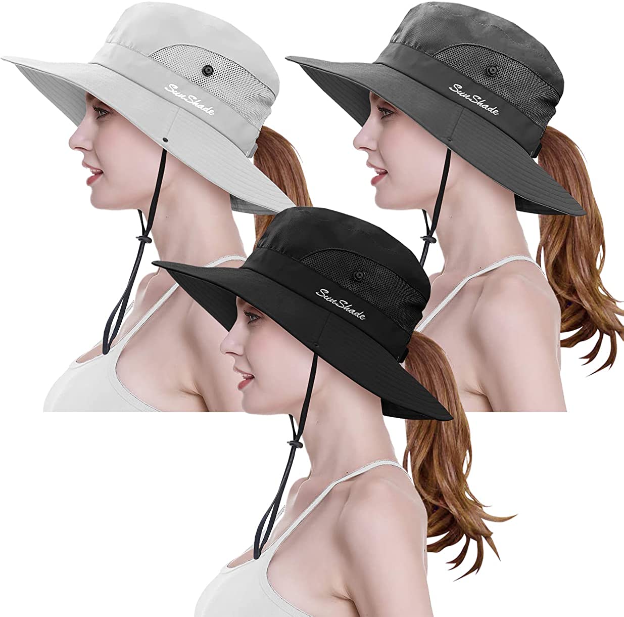 3 Pieces Womens Ponytail Wide Brim Sun Hat Packable UV  display picture 1