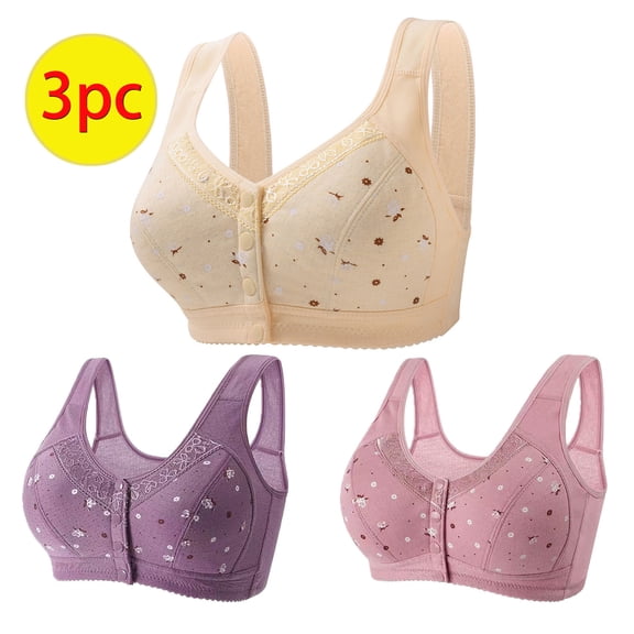 3 Pieces Womens Sports Bras Multipack New Women's Support Floral Embroidery Wide Strap Front Closing Bras R-15-a Purples M