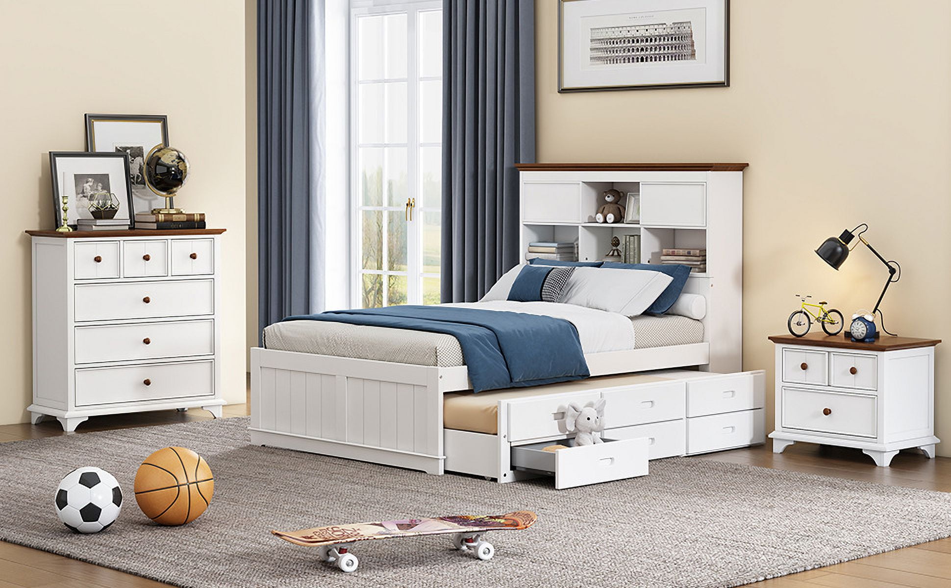 3 Pieces Wooden Bookcase Bed Set, Modern Full Bed with Trundle Bed, 6