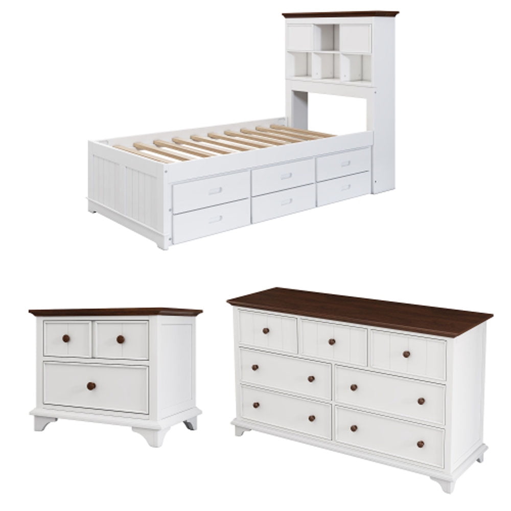 3 Pieces Wooden Captain Bedroom Set Twin Bed with Trundle, Nightstand ...