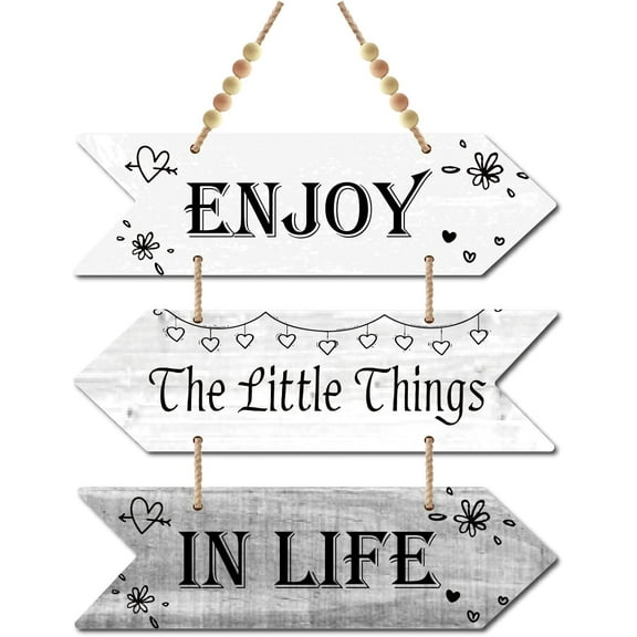 3 Pieces Wooden Enjoy The Little Things in Life Sign Wood Arrow Hanging Plaque Wall Decor Farmhouse Rustic Kitchen with Hole for Home Dining Living Room(Dark Gray Color)