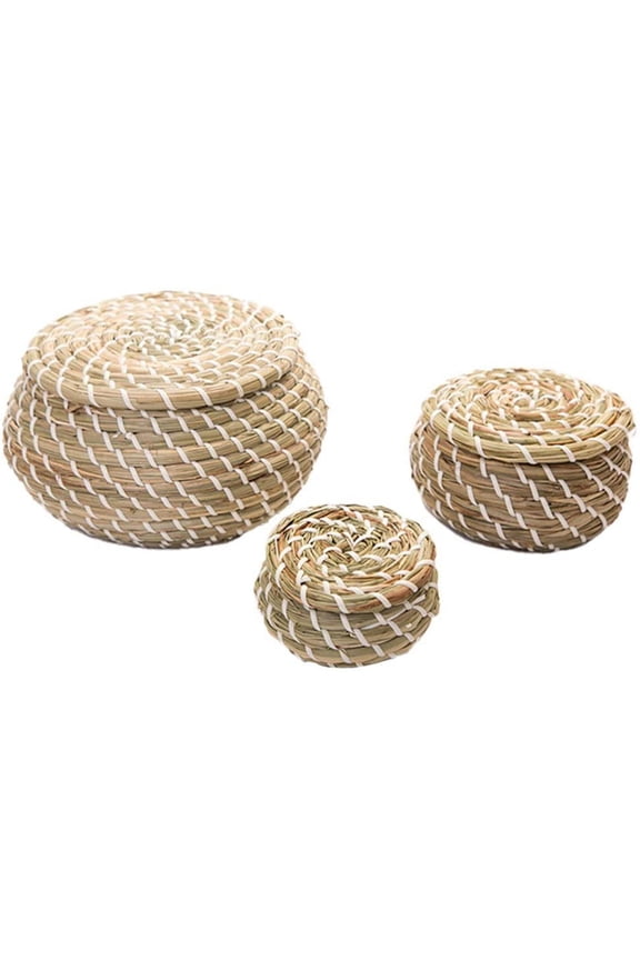 3 Pieces Woven Seagrass Basket Wicker Rattan Storage Baskets Round Box Picnic Baskets Laundry Baskets with Lid