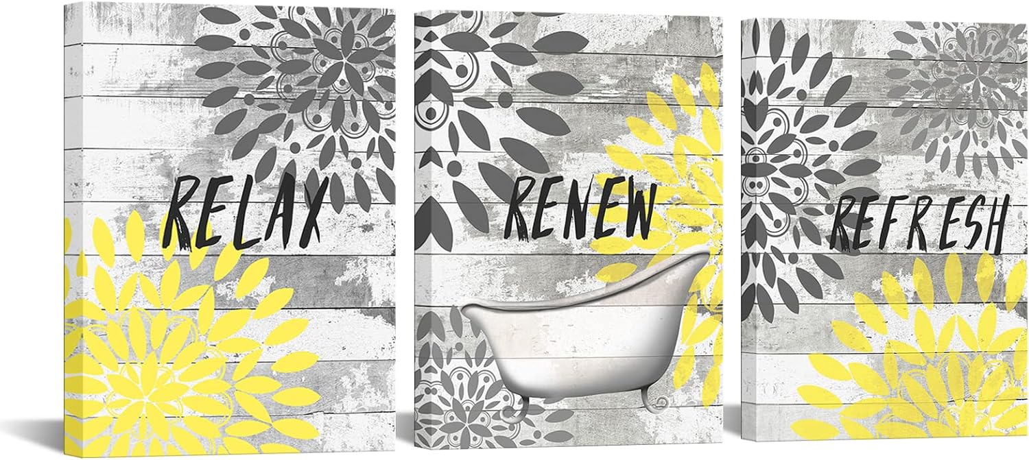 3 Pieces Yellow Bathroom Wall Art Prints Dahlia Flowers Relax Refresh
