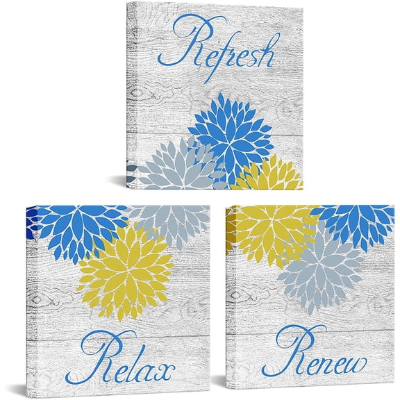 3 Pieces Yellow Blue Bathroom Flower Picture Wall Decor Dahlia Flowers Relax Refresh Renew Signs for Bedroom Living Room Stretched and Framed Ready To Hang 12x12inchx3pcs