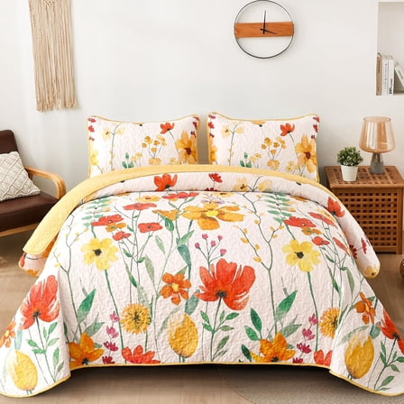 3 Pieces Yellow Floral Reversible Bedspread Quilt Set Queen Size Coverlet Bedding Set for All Season