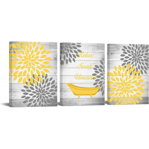 3 Pieces Yellow Gray Bathroom Wall Art Prints Dahlia Flowers Relax Soak Unwind Signs on Rustic Wood Background Canvas Picture Stretched and Framed for Bedroom Living Room Ready to Hang