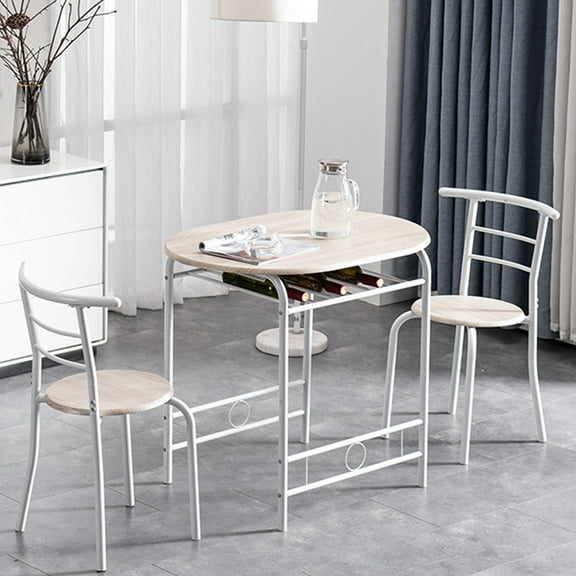 3 Piecs Kitchen Table Set, Dining Set Table and 2 Chairs with Metal Frame and Wine Rack, Compact Size Bar Table and Chairs Set for Apartment Kitchen Bistro Breakfast Nook Dining Room, White JA1071