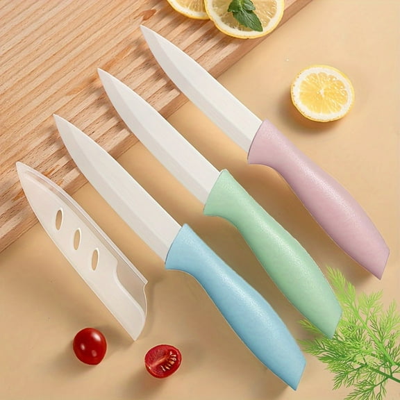 3-Piese Kitchen Ceramic Knife Set 4 Inch Fruit Knife With Covers Chef Knife Paring Knife Peeling Knife Universal Knife Used For Cut Vegetable Fruit Bread And Meet. Pink Green Blue