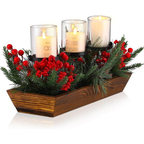3 Pillar Christmas Table Centerpiece Christmas Candle Holder Artificial Red Berries Pine Cones with Steal Base Frosted Berry Arrangement for Home Decor