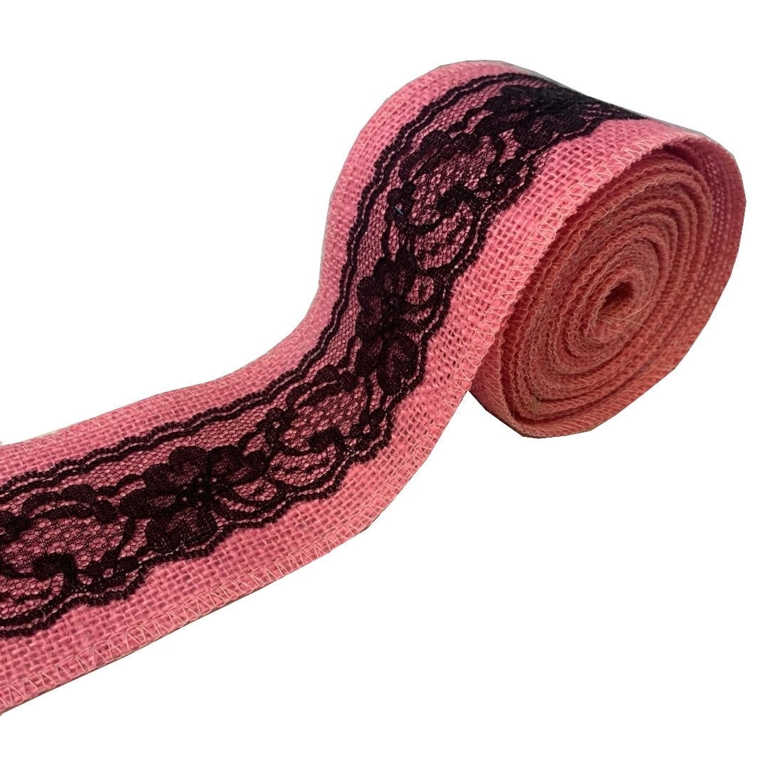 Burlap Fabrics Pink Burlap Ribbon with Black Lace - 3 Inch Wide 5 Yard Roll Made in USA