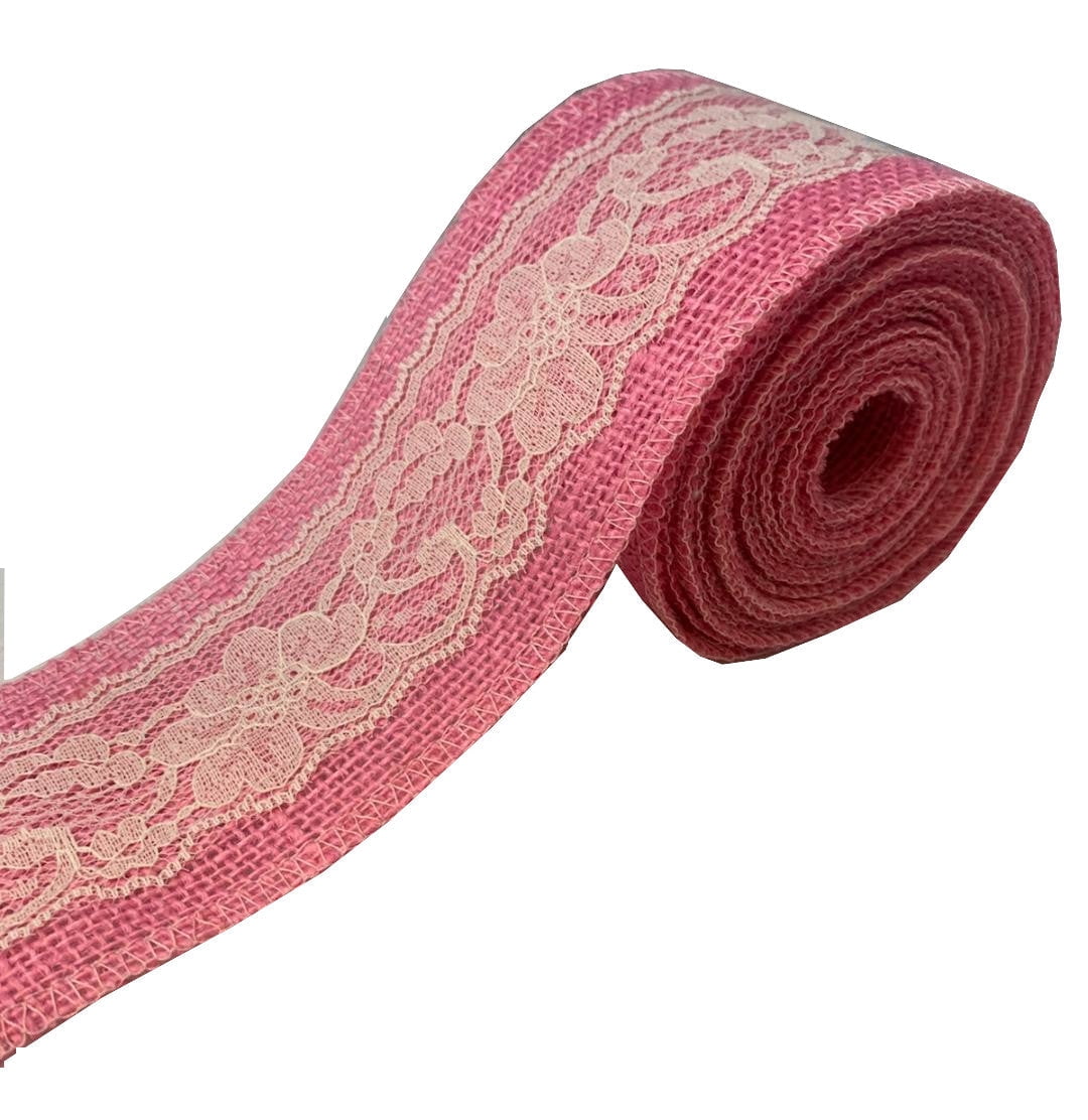 3 Pink Burlap Ribbon With Ivory Lace 5 Yard Roll Made In Usa-,