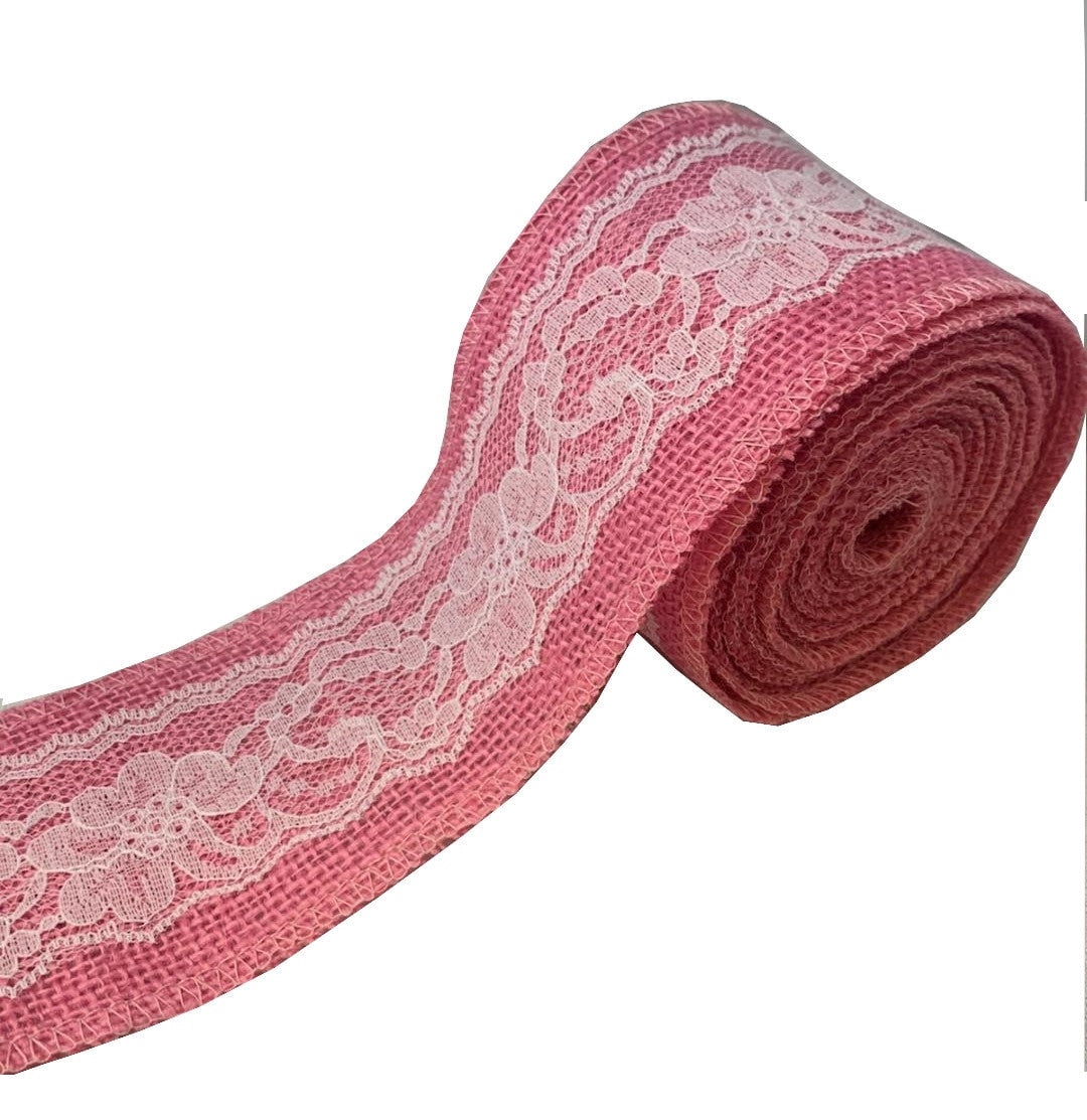 3 Pink Burlap Ribbon With White Lace 5 Yard Roll Made In Usa-,