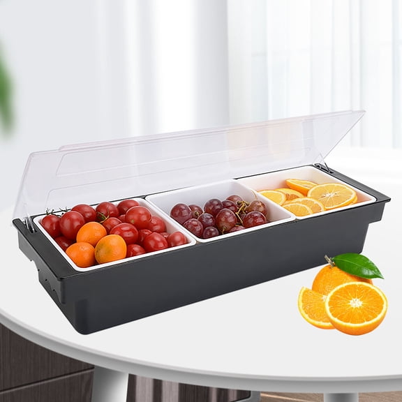 3-Pint Condiment Caddy with Ice Tray, 3 Removable Inner Cups, Fruit & Sauce Dispenser, Flip Lid, for BBQ Party Picnic Bar Kitchen, Black