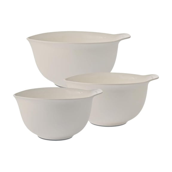 3 Plastic Mixing Bowls with Pour Spout,Lids and TPR Non-Slip Bottom,2.5Qt,3.5Qt,4.5Qt,Nesting Bowl Set for Kitchen Prep,Baking,Storage,Batter,Small,BPA free,Dishwasher Safe,Easy to Grip,White