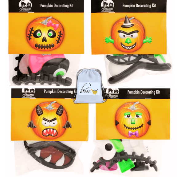 (3) Plastic Pumpkin Decorating Set, Witch Bats Monster Assorted Designs May Vary Halloween Party DIY Jack-o-lantern Making Mess-free No Carving Decoration Kit Fun Family Activity Supplies