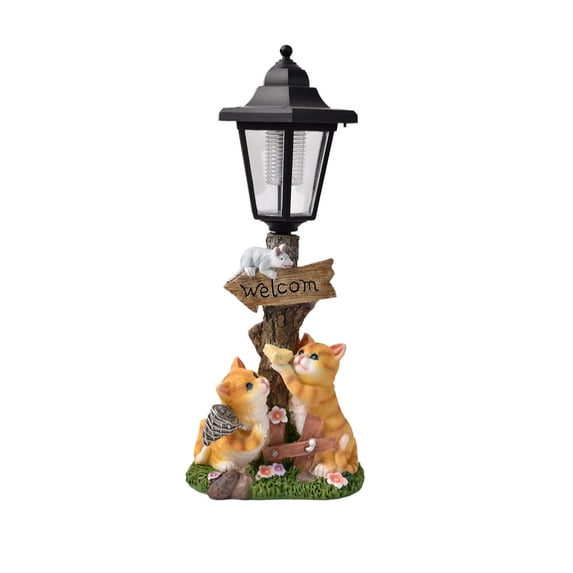 3 Playful Kittens Solar Garden Light, Resin Planter Statue with Vintage Lamp, Auto Waterproof Outdoor Decor for Walkway Patio