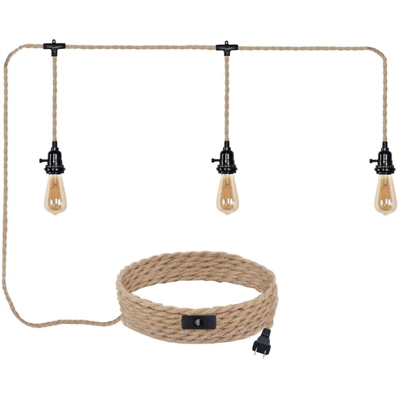 3 Plug-in Pendant Lights Kit - Hemp Rope Cord with Switch, 22 Ft Length, DIY Farmhouse Hanging Lighting Fixture