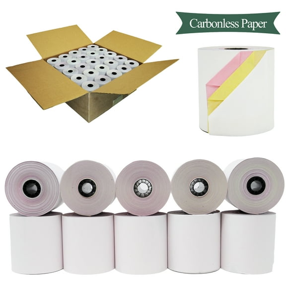 3-Ply 3 in 65 ft White, Canary and Pink Carbonless Kitchen Paper 50 Rolls - BuyRegisterRolls