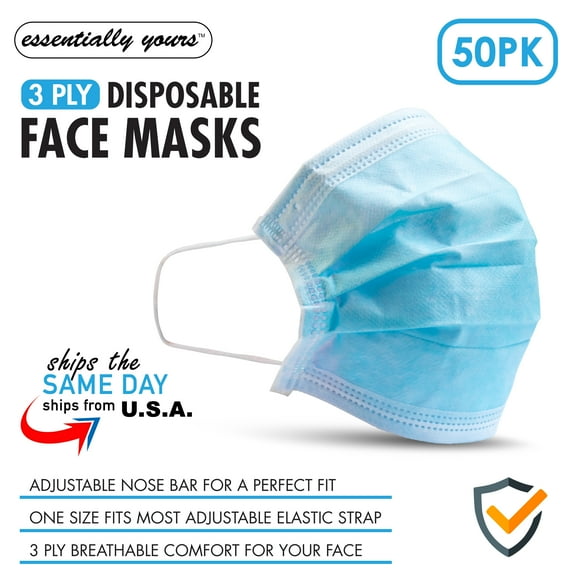 3 Ply Ear Loop Disposable Face Masks, 50-Count