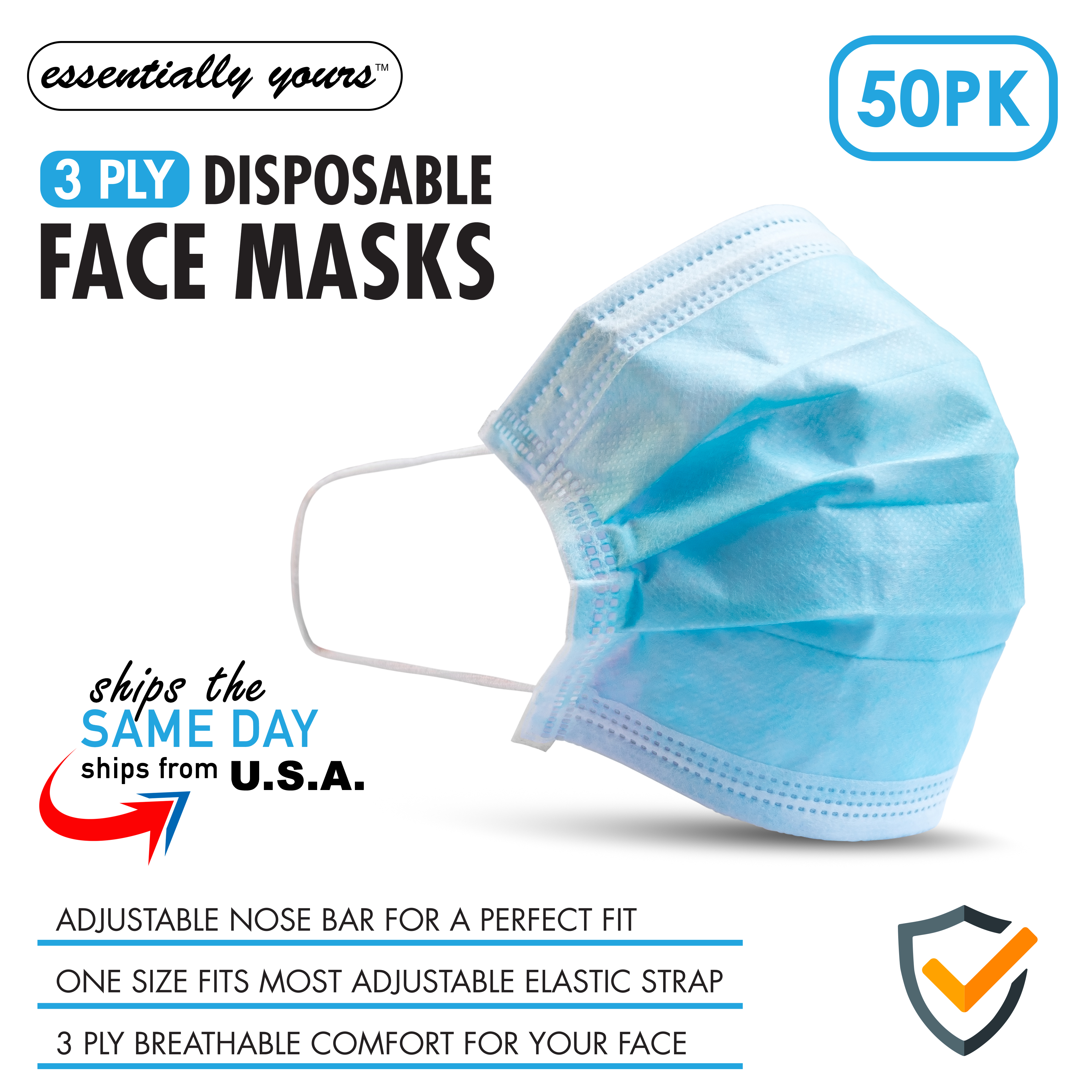 3 Ply Ear Loop Disposable Face Masks, 50-Count - image 1 of 3