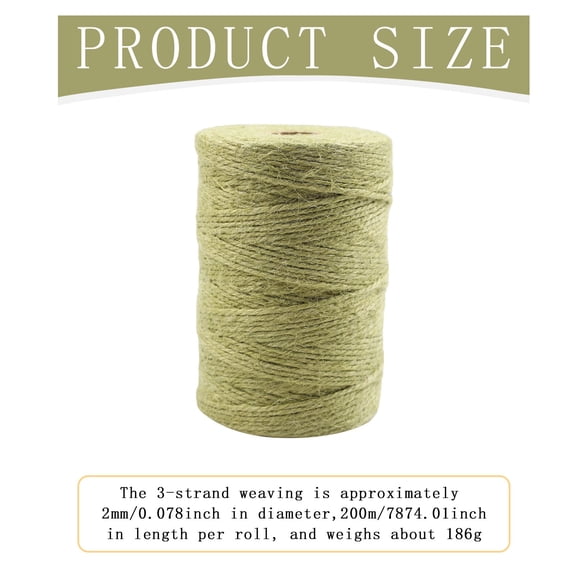 3 Ply Natural Jute Twine, 2mm 656FT Colored Craft Twine String, DIY Braiding Wrapping Hemp Cord, Decorative Binding Rope, Handmade Ornament Making Thread, Christmas Knitting Macrame Decoration