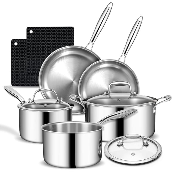 3 Ply Stainless Steel Cookware Set,  10-Pieces Pots and Pans Set, Induction Kitchen Cookware Set, Oven Safe to 500?, Chef Quality Cooking Set w/Fry Pans, Saucepans, Dutch Oven, Kitchen Essential