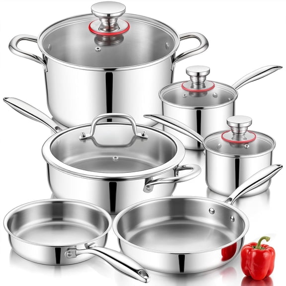 3-Ply Stainless Steel Cookware Set of 6, 10-Pieces Pots and Pans Sets Stainless Steel for Kitchen, Induction Multi Cooktops & Oven, Dishwasher Safe, Frying Pans, Saucepans, Saute Pan & Pot