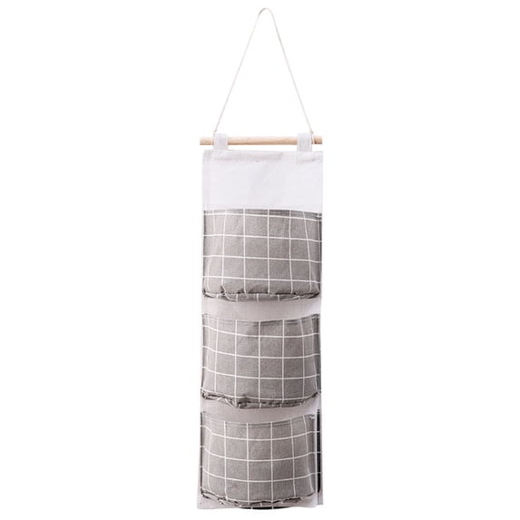 3 Pocket Linen Cotton Checkered Fabric Storage Hanging Bag Multi Layer Wall Mounted Organizer for Door & Closet Punch Free Sundries Storage for Home Dorm & Bathroom, One Storage Bag