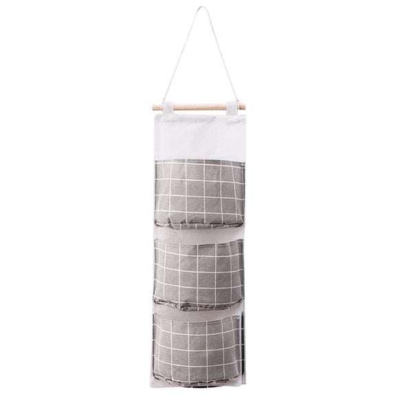 3 Pocket Linen Cotton Checkered Fabric Storage Hanging Bag Rectangular Cotton Multi Layer Wall Mounted Organizer For Door Closet Punch Free Sundries Storage For Home Dorm Bathroom