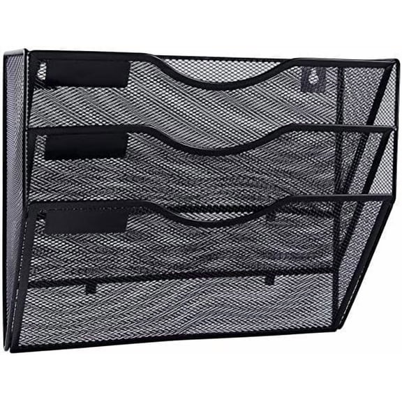 3 Pocket Mesh Hanging Wall File Organizer, Wall Mounted Mail Paper Document Folder Holder, Clipboard Storage Organization Magazine Rack with Nametag Label for Office Home School, Black