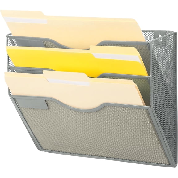 3 Pocket Mesh Hanging Wall File Organizer, Wall Mounted Mail Paper Document Folder Holder, Clipboard Storage Organization Magazine Rack with Nametag Label for Office Home School, Gray