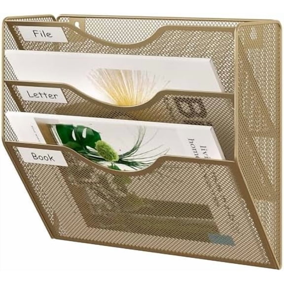 3 Pocket Mesh Wall File Organizer, Hanging Paper Folder Holder with Classify Label, Vertical Wall Mount Mail Organizer for Office Home Classroom, Gold