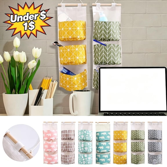3-Pocket Wall Hanging Storage Organizer with Wood Rod, Door Back Caddy, Multi-Pocket Wall Sundry Holder for Bedroom Bathroom Kitchen Office Cosmetic Keys Mail Stationery Bills Small Daily Supplies