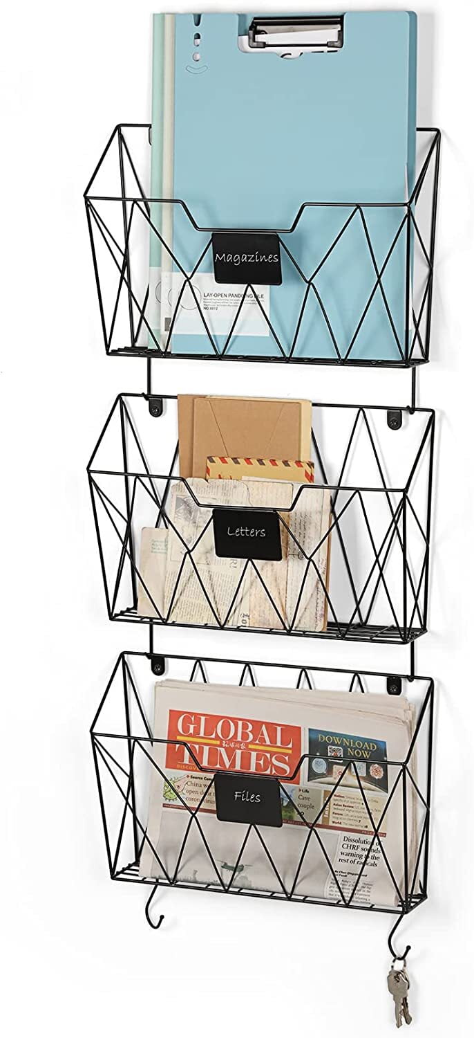 3 Pockets Wall Mount Mail Organizer Hanging Magazine Rack w/ Hooks Office Home