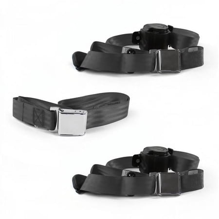 3 Point Airplane Retractable Bench Seat Belt Kit with 3 Belts for 1977-1979 Ford Thunderbird, Charcoal