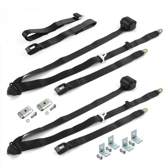3 Point Standard Retractable Bench Seat Belt Kit with Bracketry & 3 Belts for 1946-1968 Ford Anglia, Black