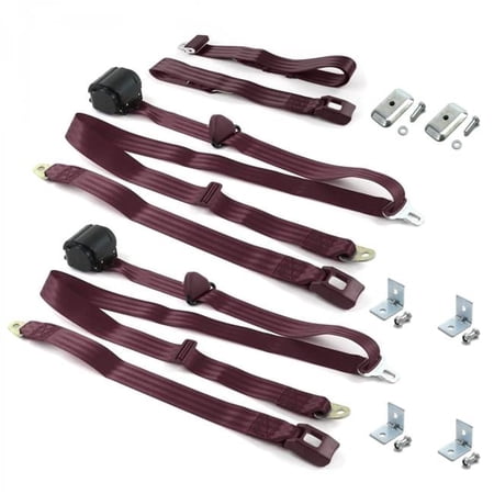 3 Point Standard Retractable Bench Seat Belt Kit with Bracketry & 3 Belts for 1964-1967 Chevy Chevelle, Burgundy