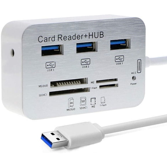 3 Port Aluminum USB 3.0 Hub with Multi-in-1 Card Reader (MS, Micro SD,SD/MMC,M2,TF Card) for iMac, All MacBooks, Mac Mini