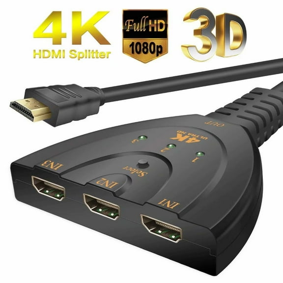 3-Port HDMI Switcher, Intelligent 3x1 Auto Switch Selector Support Full HD 3D 1080p HDCP, 3 In 1 Out HDMI Splitter with 24K Gold Plated HDMI Cable for HDTV DVD PS3 PS4 Xbox One Bluray Apple TV