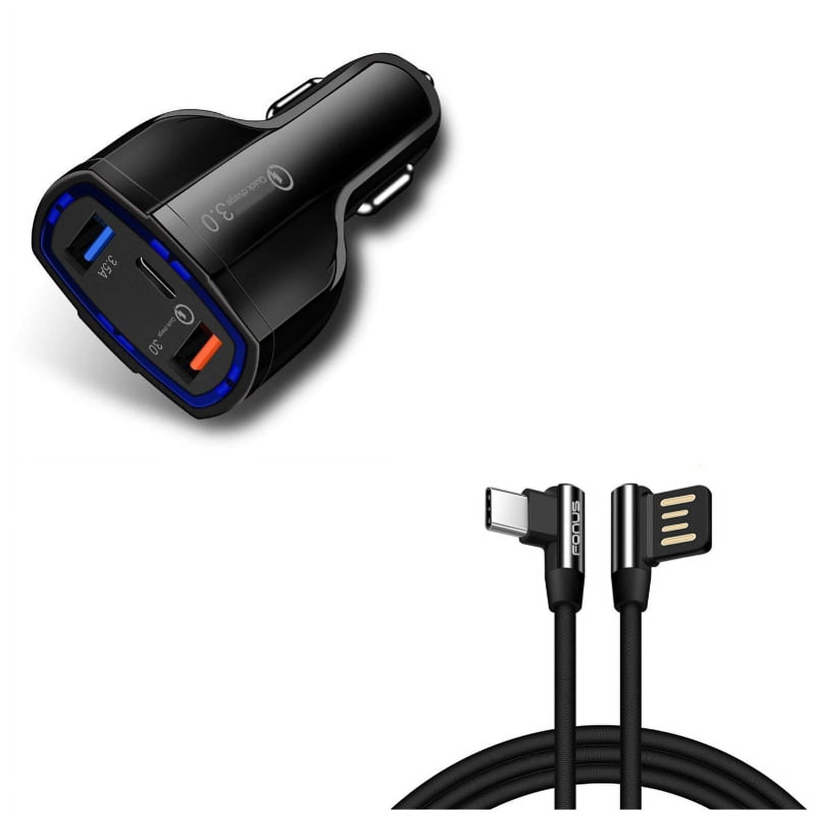 3-Port USB 48W Quick Car Charger w Charger Cord 10ft Type-C Angle USB Cable G2R for Motorola Revvlry Plus, Moto G7 Power Play G6 - Nokia 3.1, 7.1, 8, Plus - OnePlus 5T, 6, 6T, 7 Pro